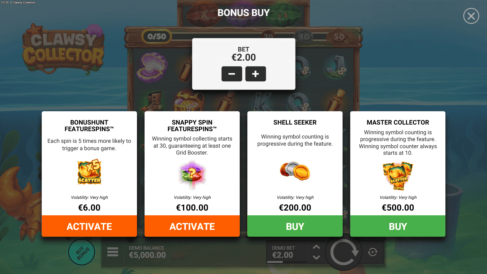 Crabby Collector bonus buy menu
