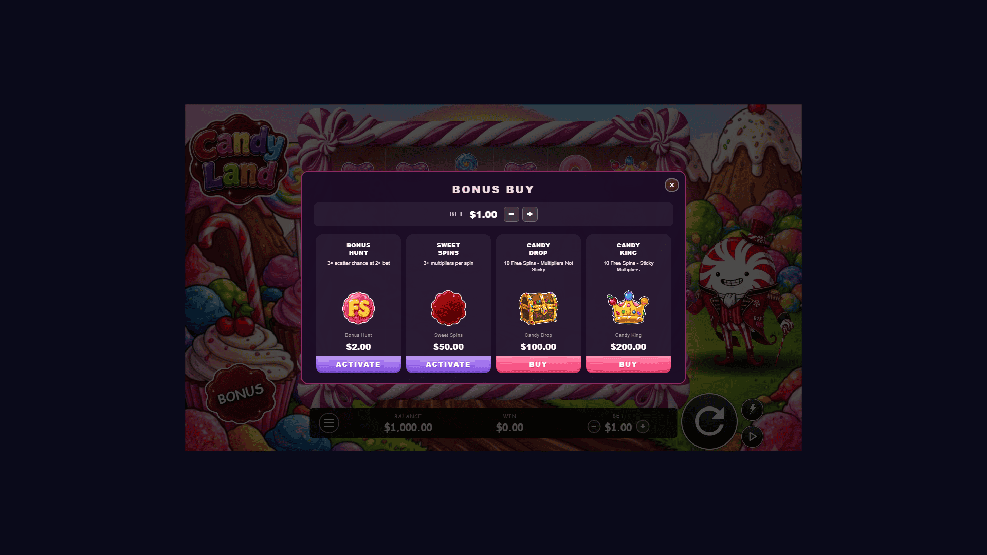 Candy Land bonus buy menu