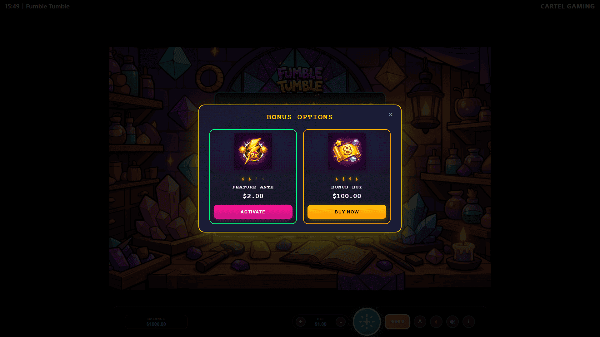 Fumble Tumble bonus buy menu