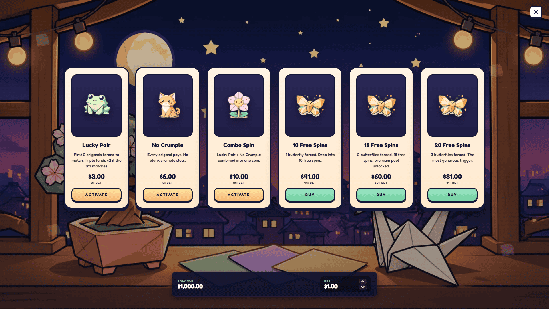 Origami Bloom bonus buy menu