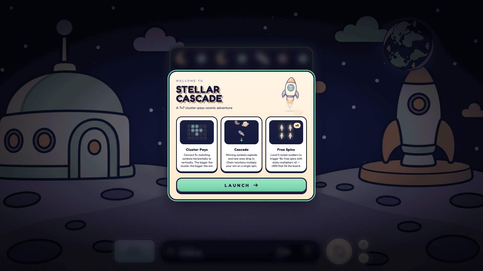 Stellar Cascade slot intro screen