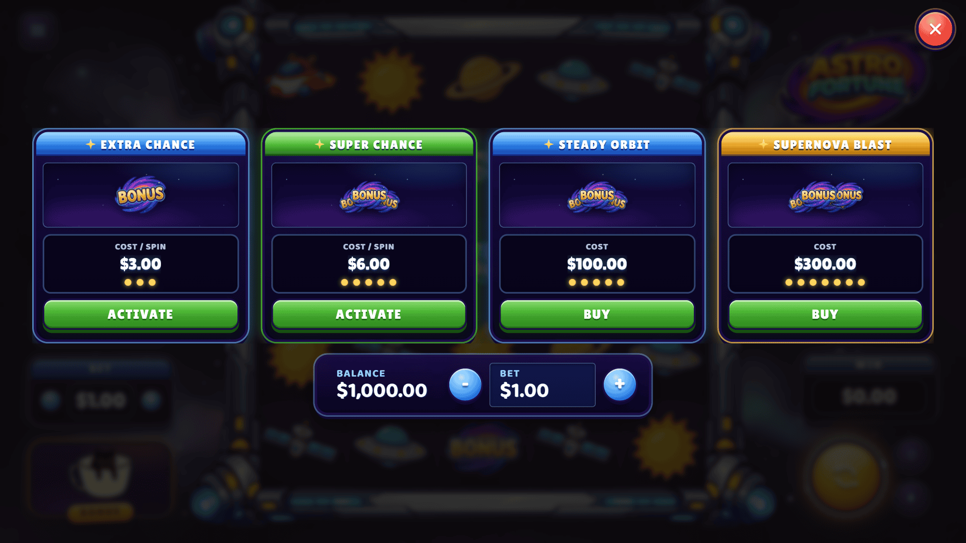 Astro Fortune bonus buy menu