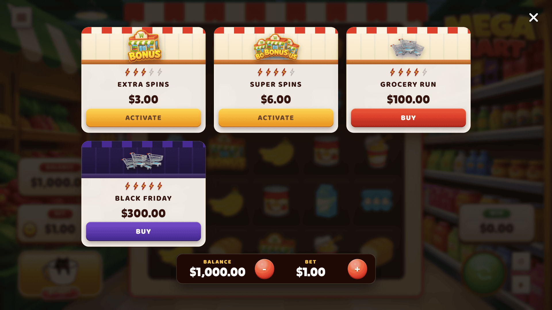 Mega Mart Cluster Pays bonus buy menu