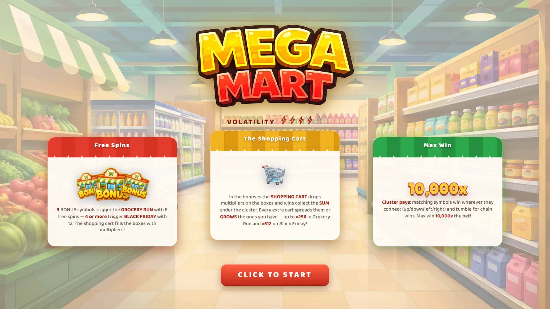 Mega Mart Cluster Pays slot intro screen