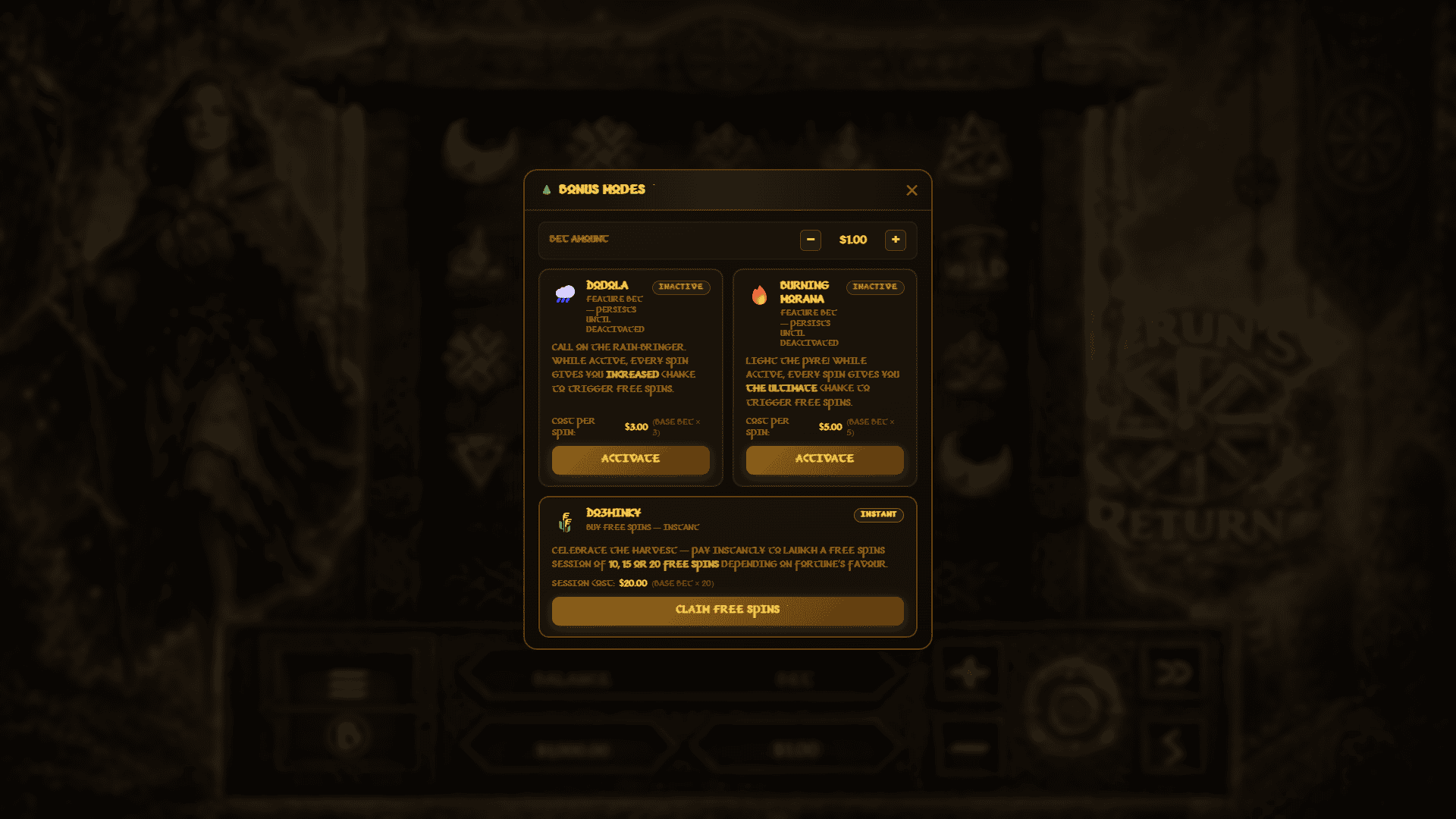 Perun's Return bonus buy menu