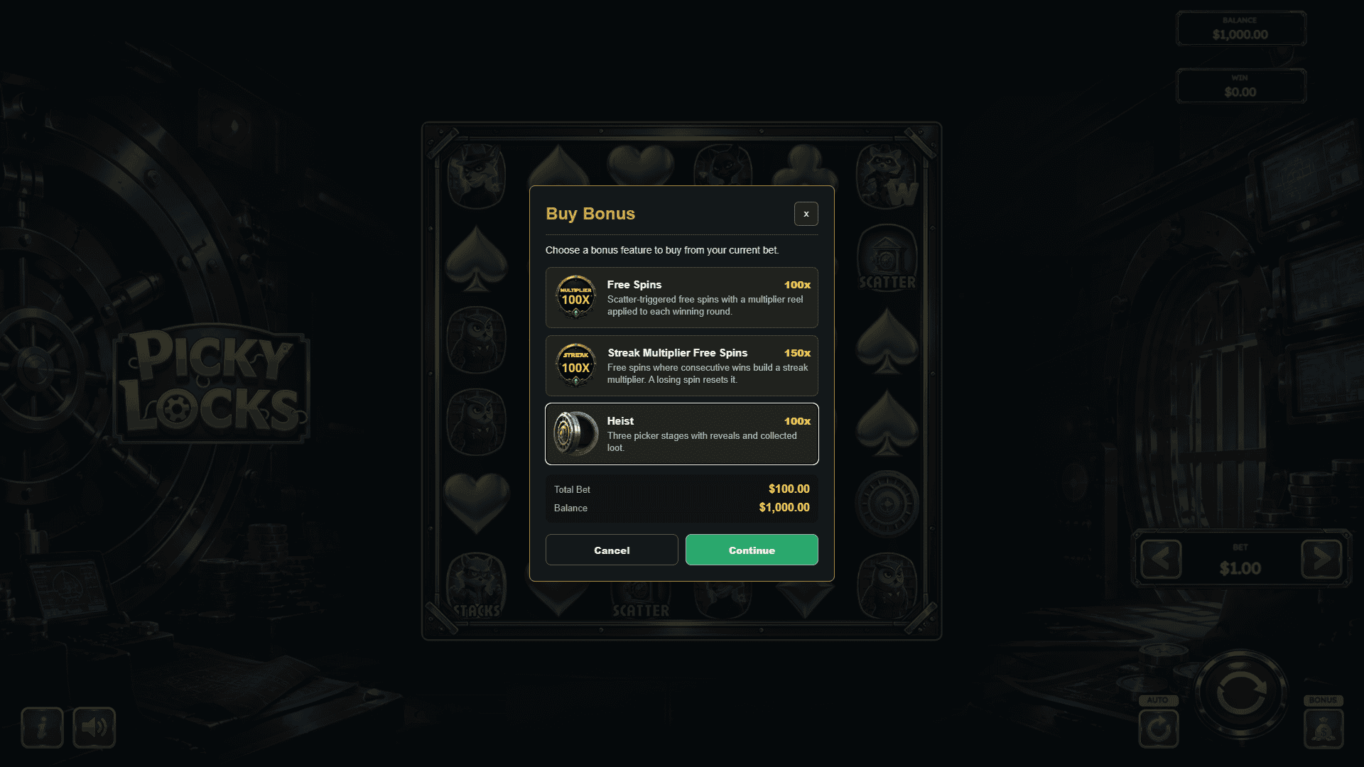 Picky Locks bonus buy menu