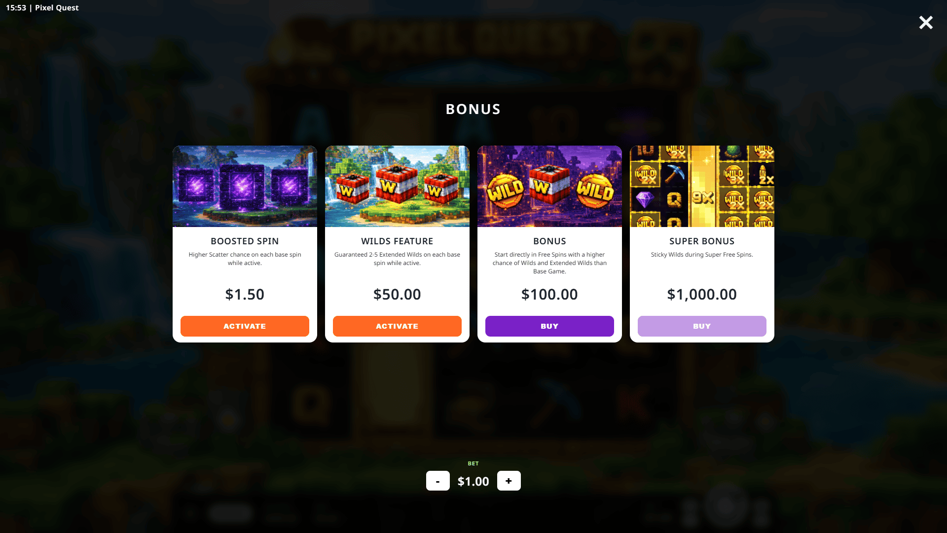 Pixel Quest bonus buy menu