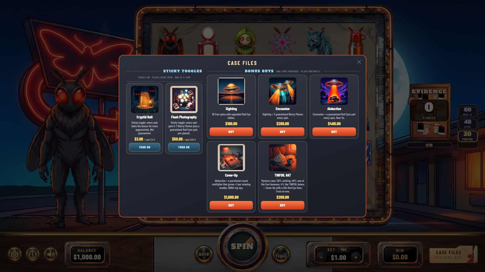 Mothman Motel bonus buy menu
