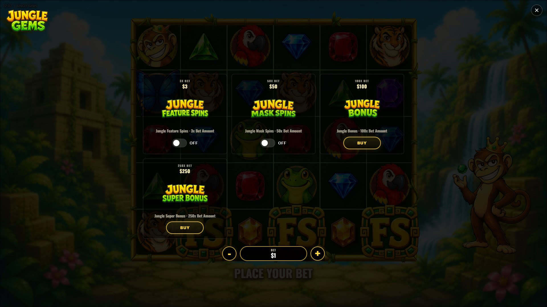 Jungle Gems bonus buy menu