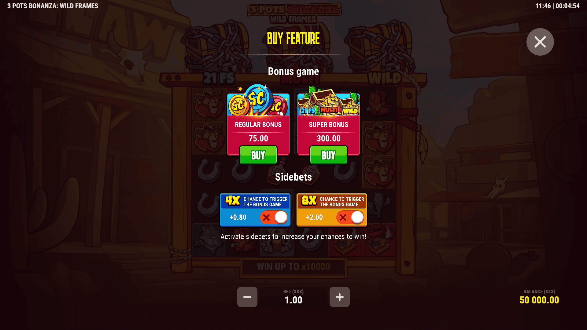 3 Pots Bonanza: Wild Frames bonus buy menu