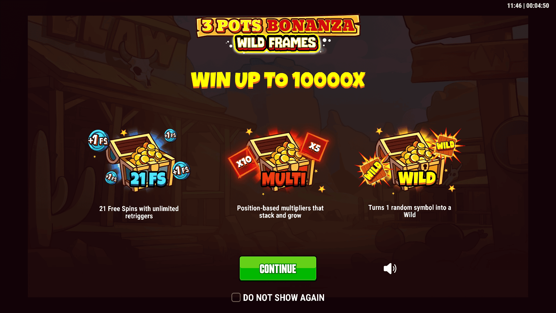 3 Pots Bonanza: Wild Frames slot intro screen