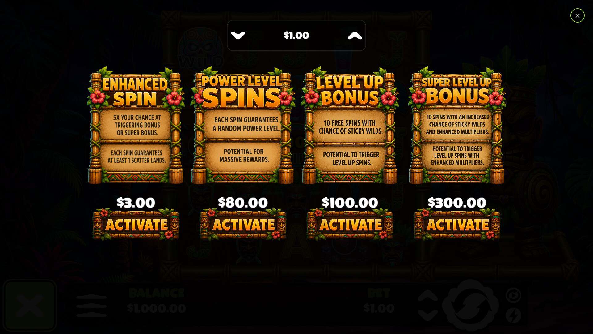 Tikihama Sticky Wilds bonus buy menu