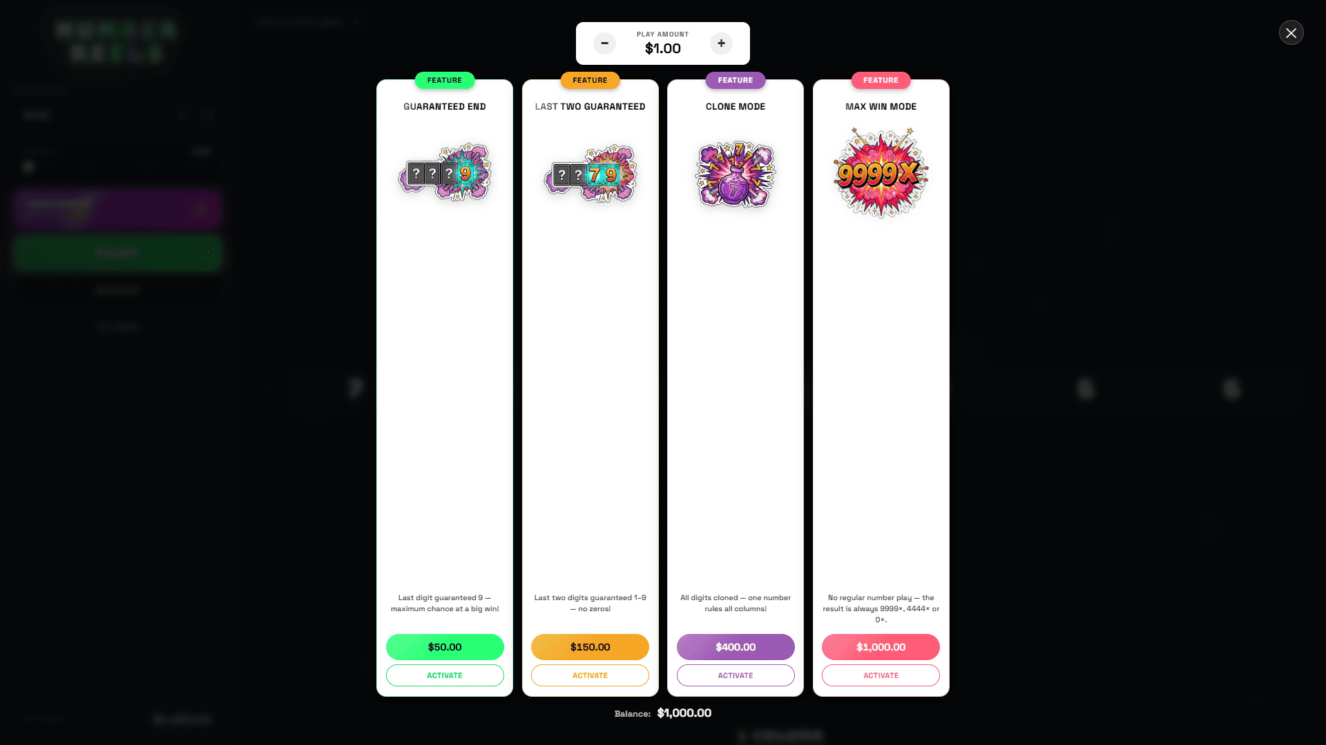 Number Reels bonus buy menu