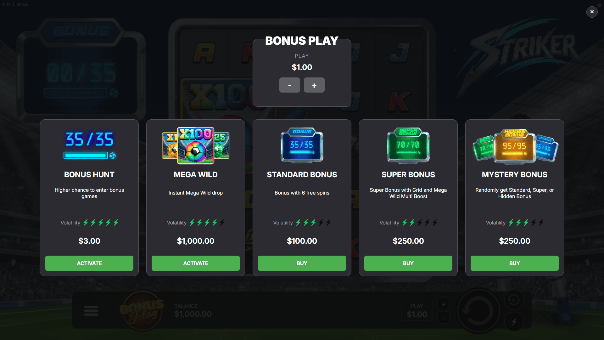 Striker Cluster Pays bonus buy menu