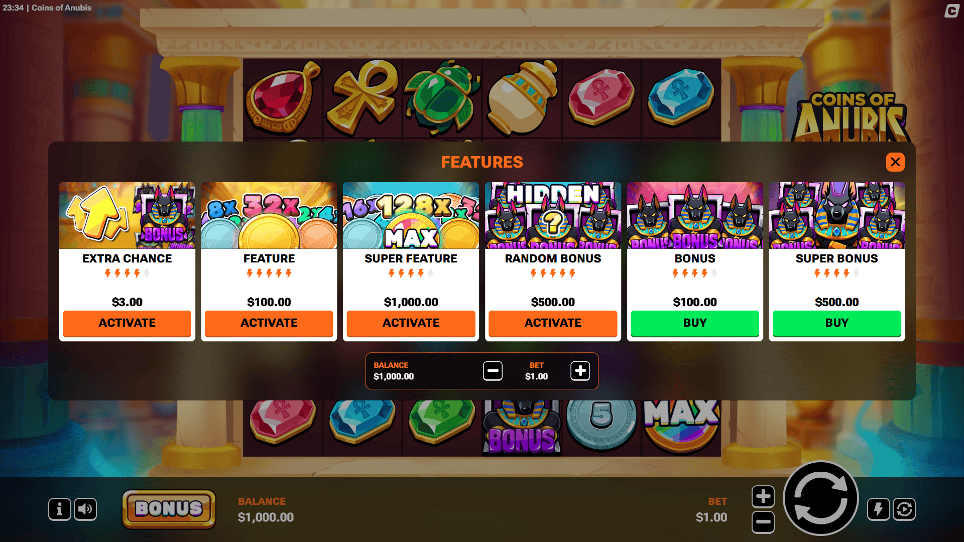 Coins of Anubis bonus buy menu