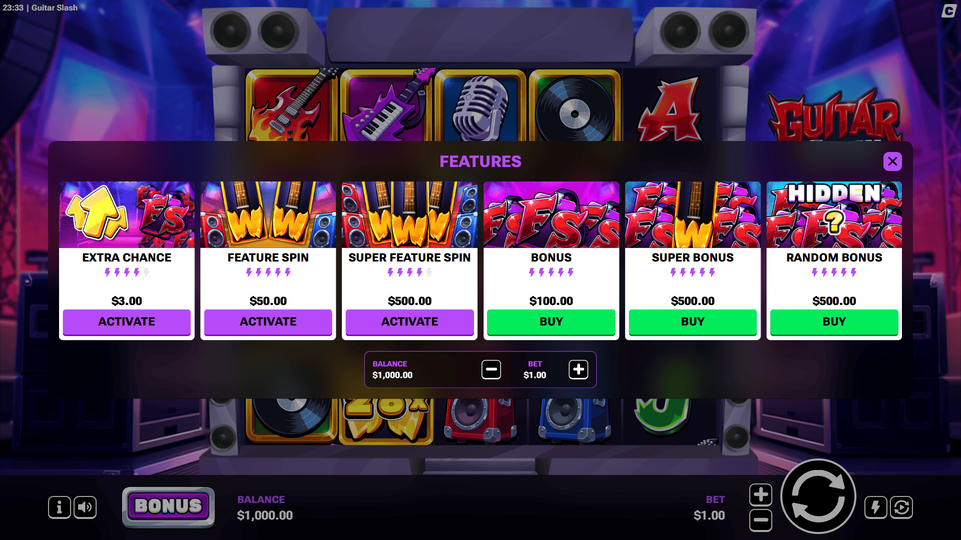 Guitar Slash bonus buy menu