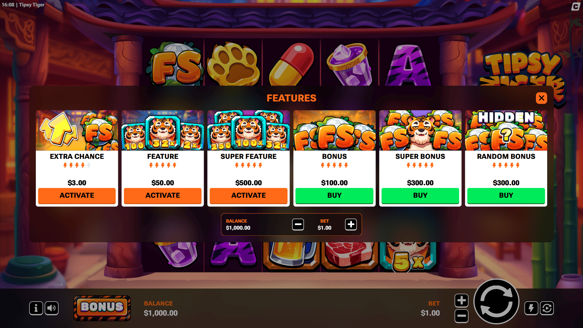 Tipsy Tiger bonus buy menu