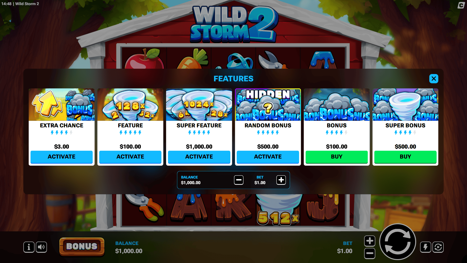 Wild Storm 2 bonus buy menu