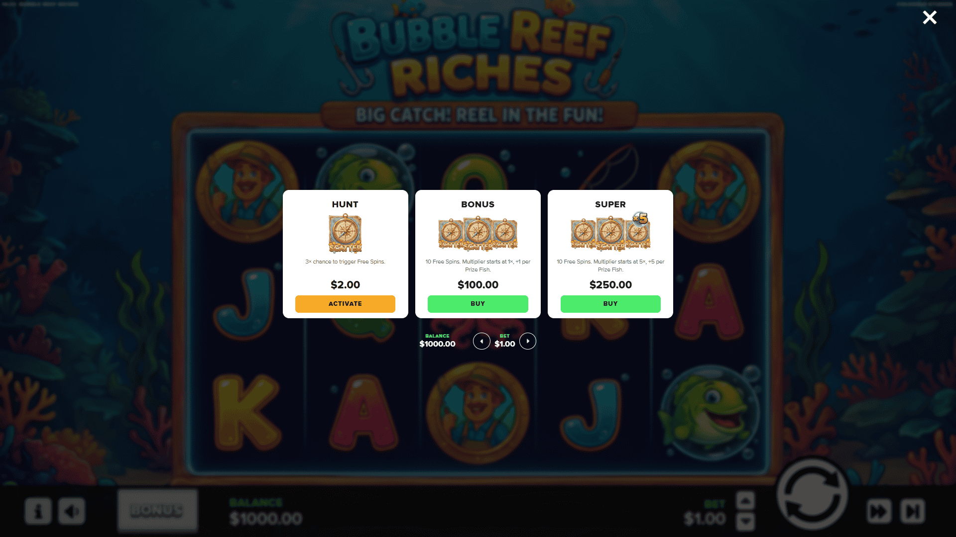 Bubble Reef Riches bonus buy menu