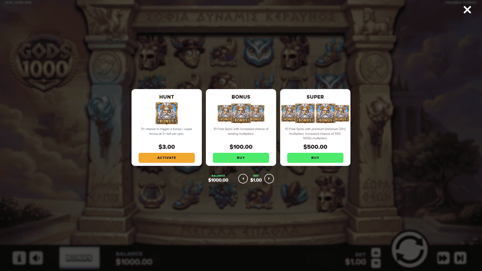 Gods 1000 bonus buy menu