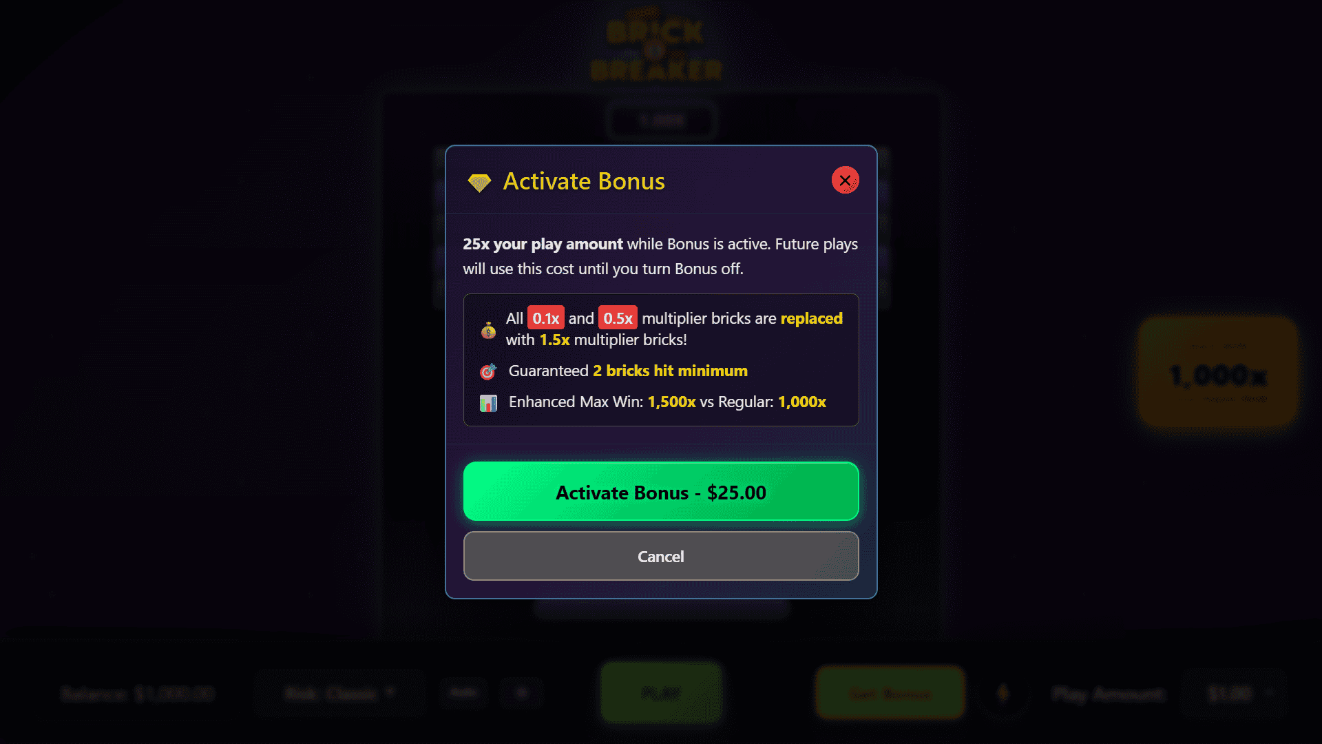 Brick Breaker bonus buy menu