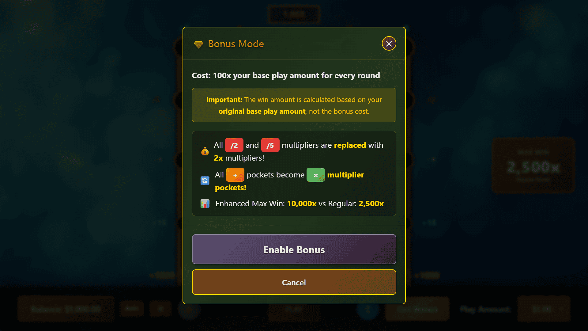 Pool Bonanza bonus buy menu