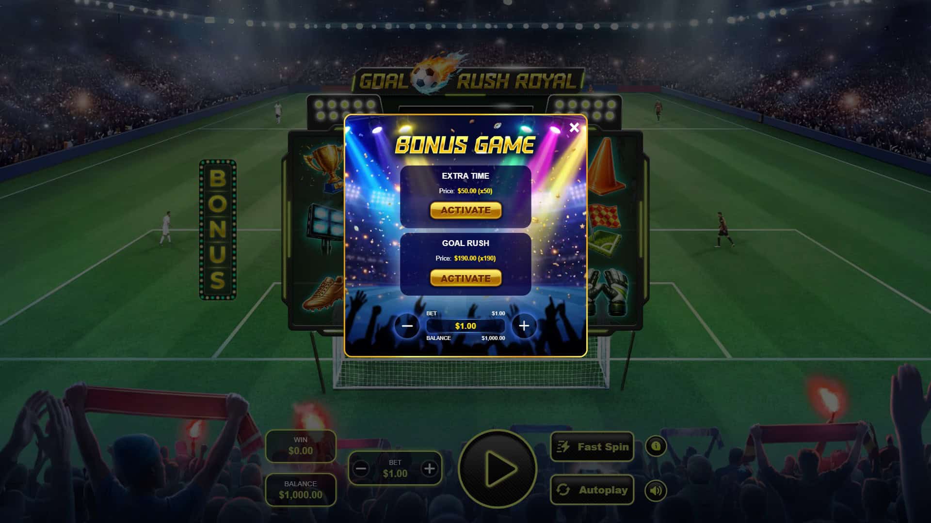 Goal Rush Royal bonus buy menu