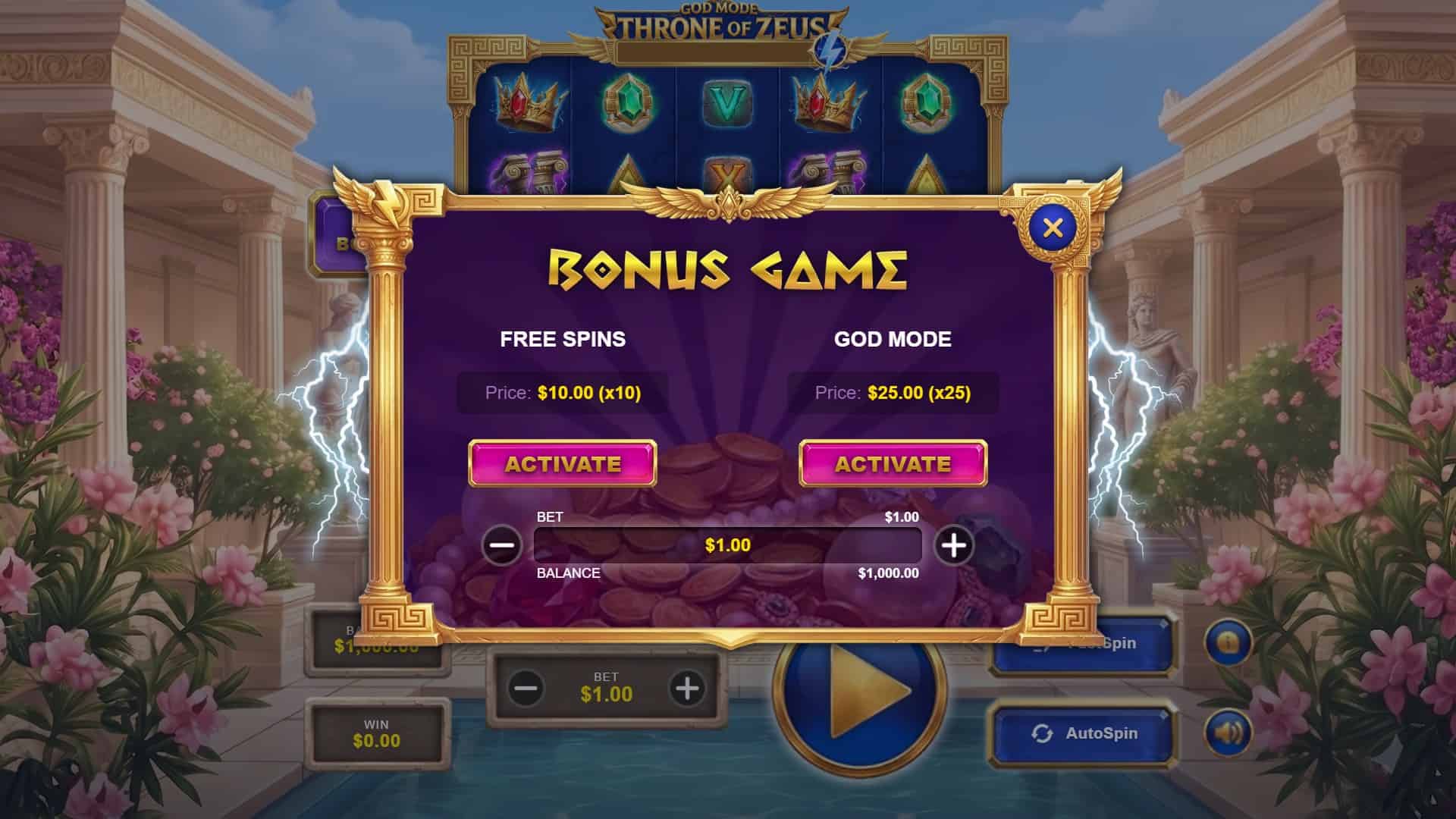God Mode: Throne of Zeus bonus buy menu