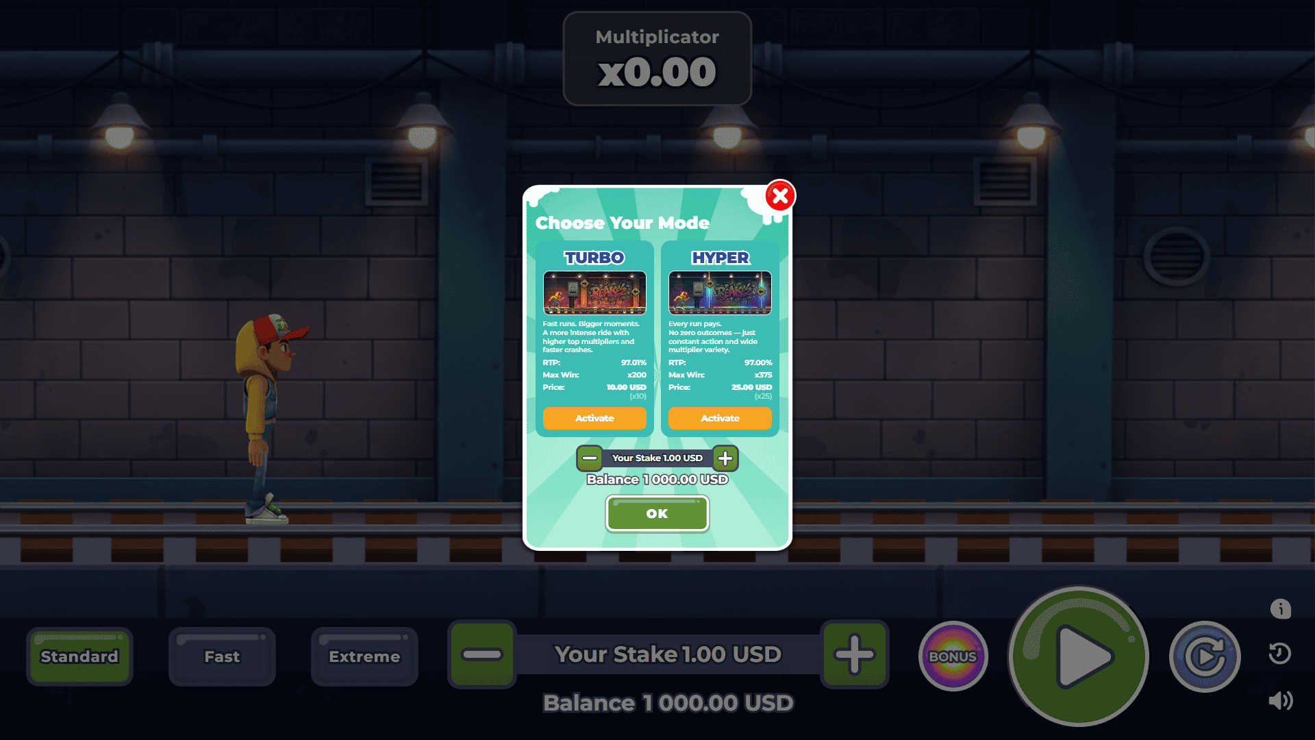 Tunnel Runners bonus buy menu