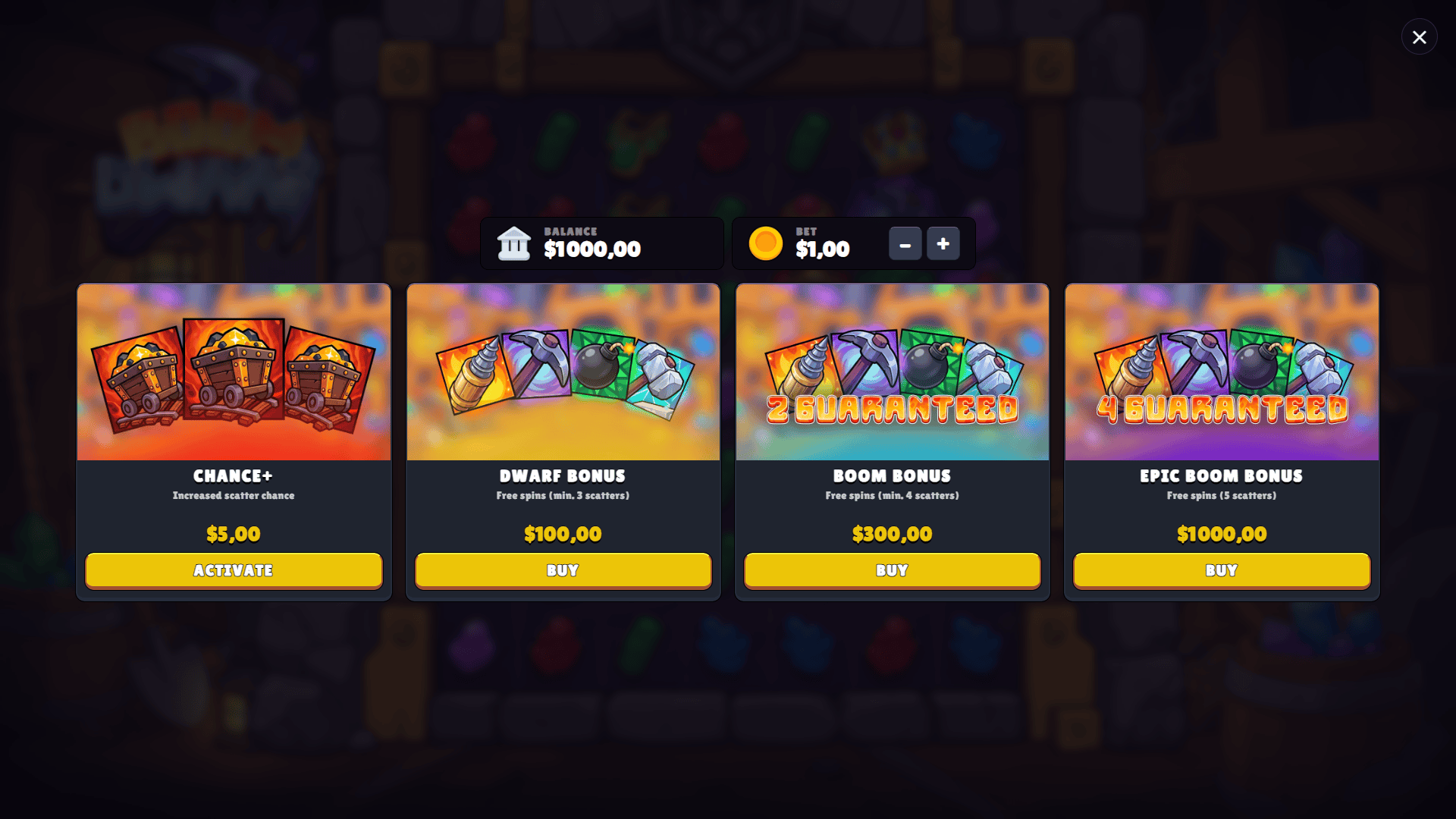 Boom Dwarf bonus buy menu