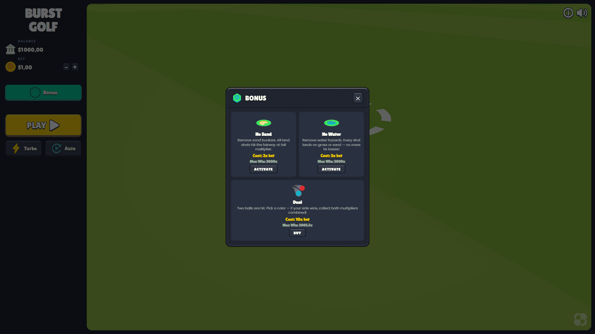 Burst Golf bonus buy menu