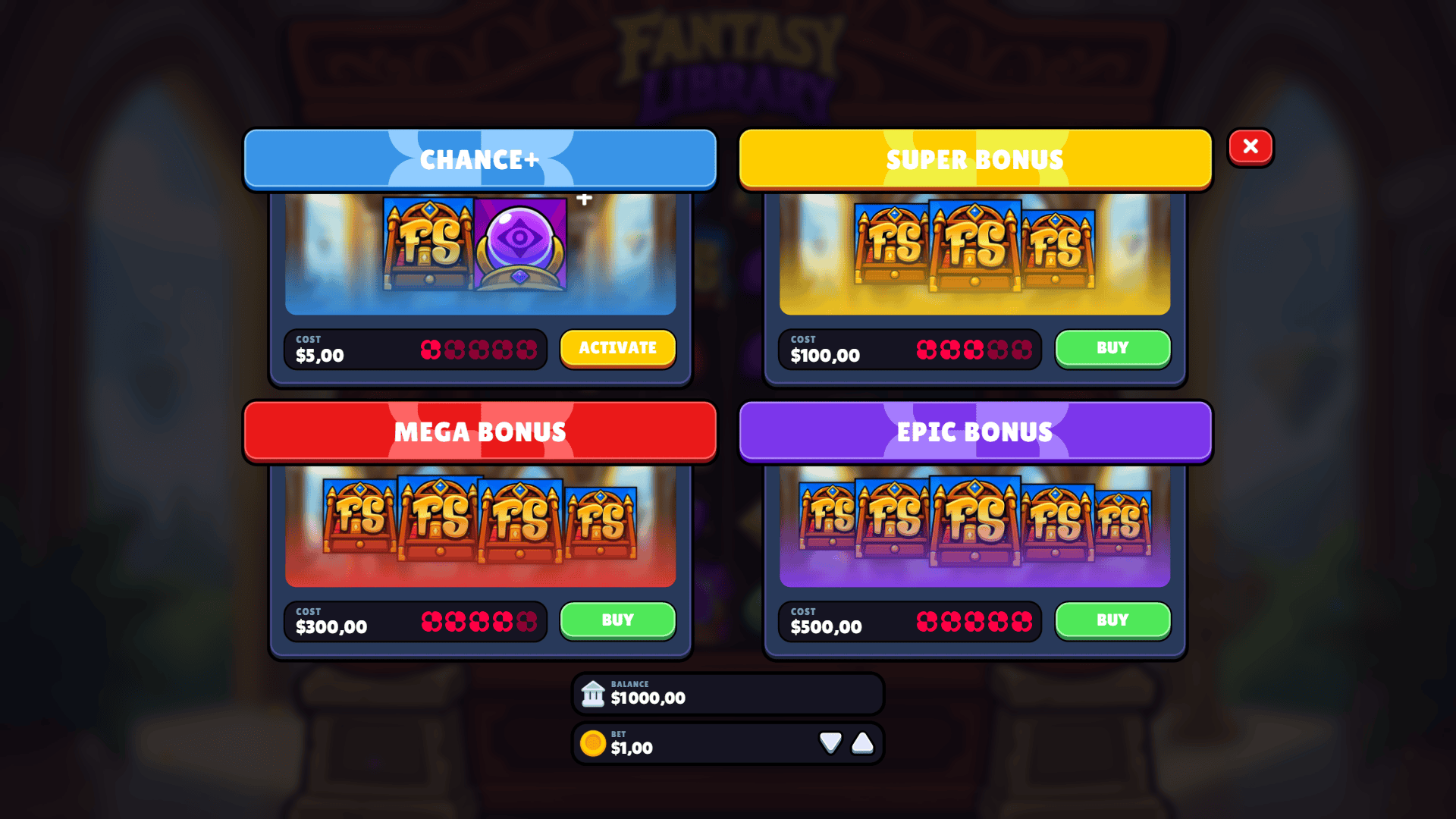 Fantasy Library bonus buy menu