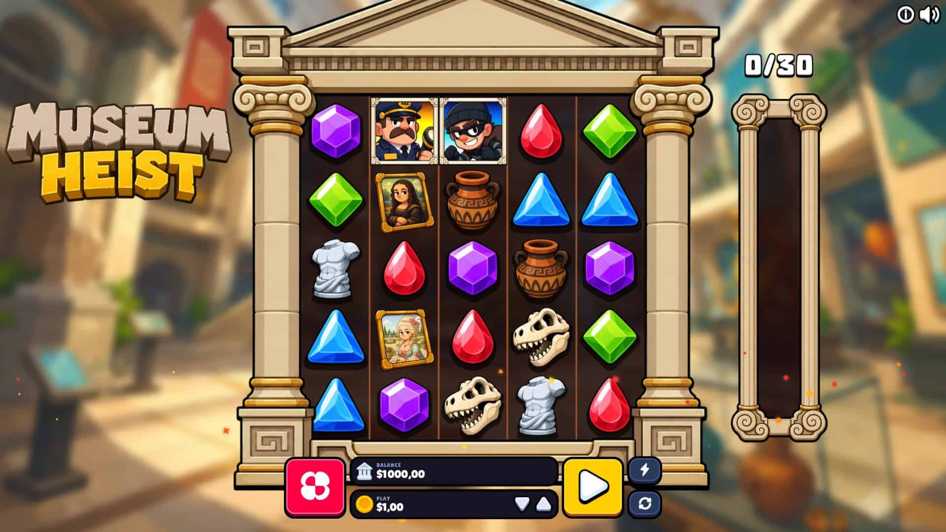 Museum Heist slot gameplay reels
