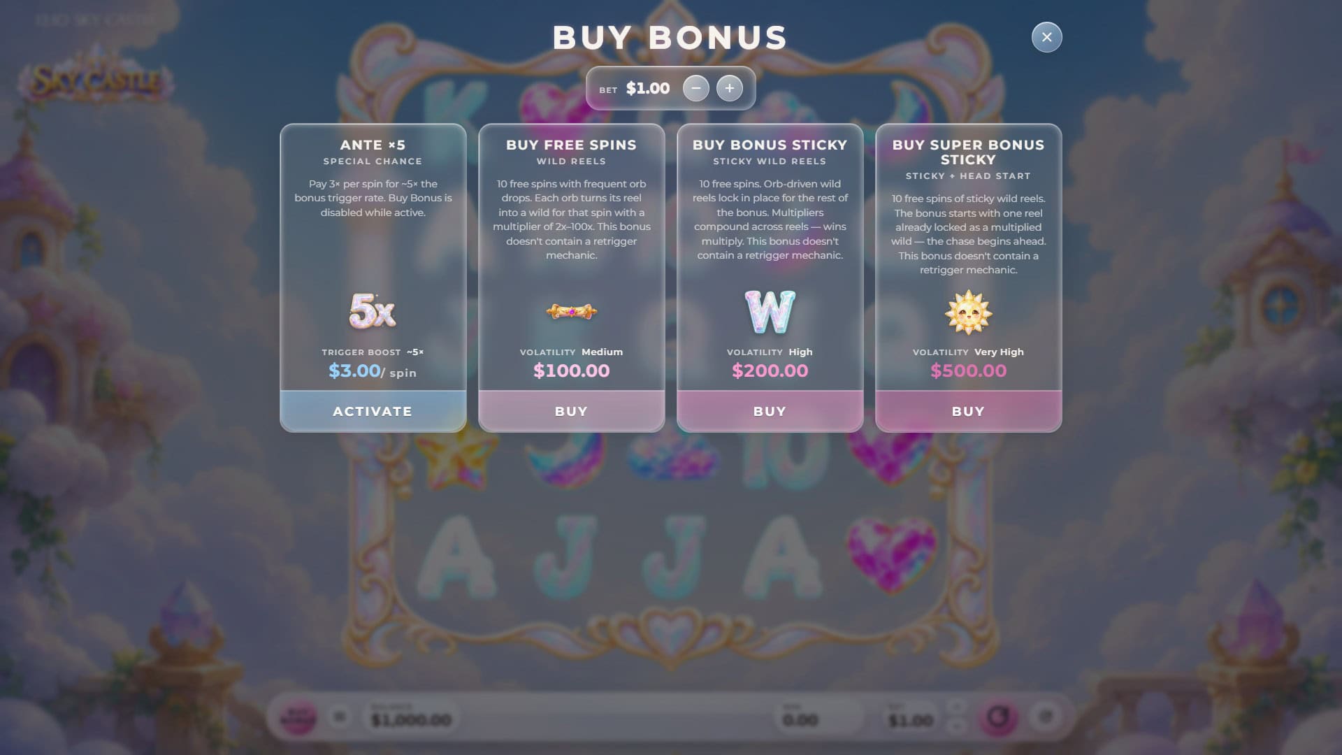 Sky Castle bonus buy menu