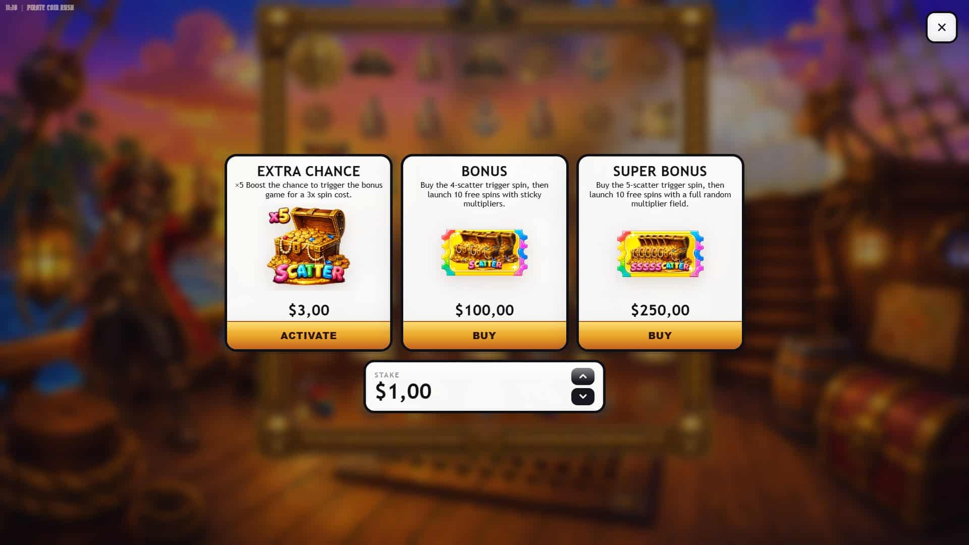 Pirate Coin Rush bonus buy menu
