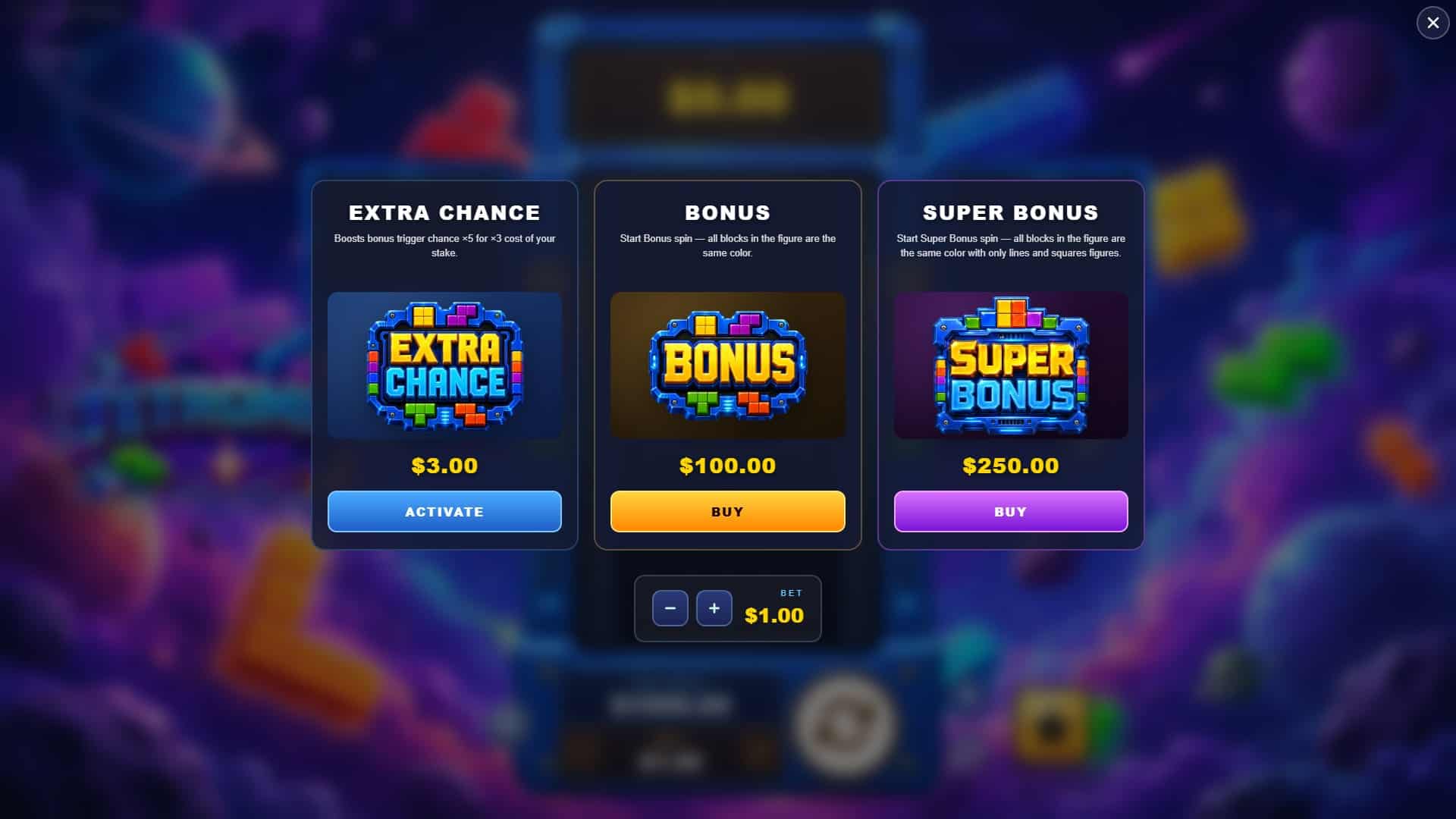 Tetromino bonus buy menu