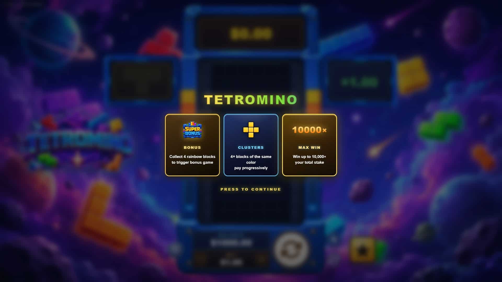 Tetromino slot intro screen