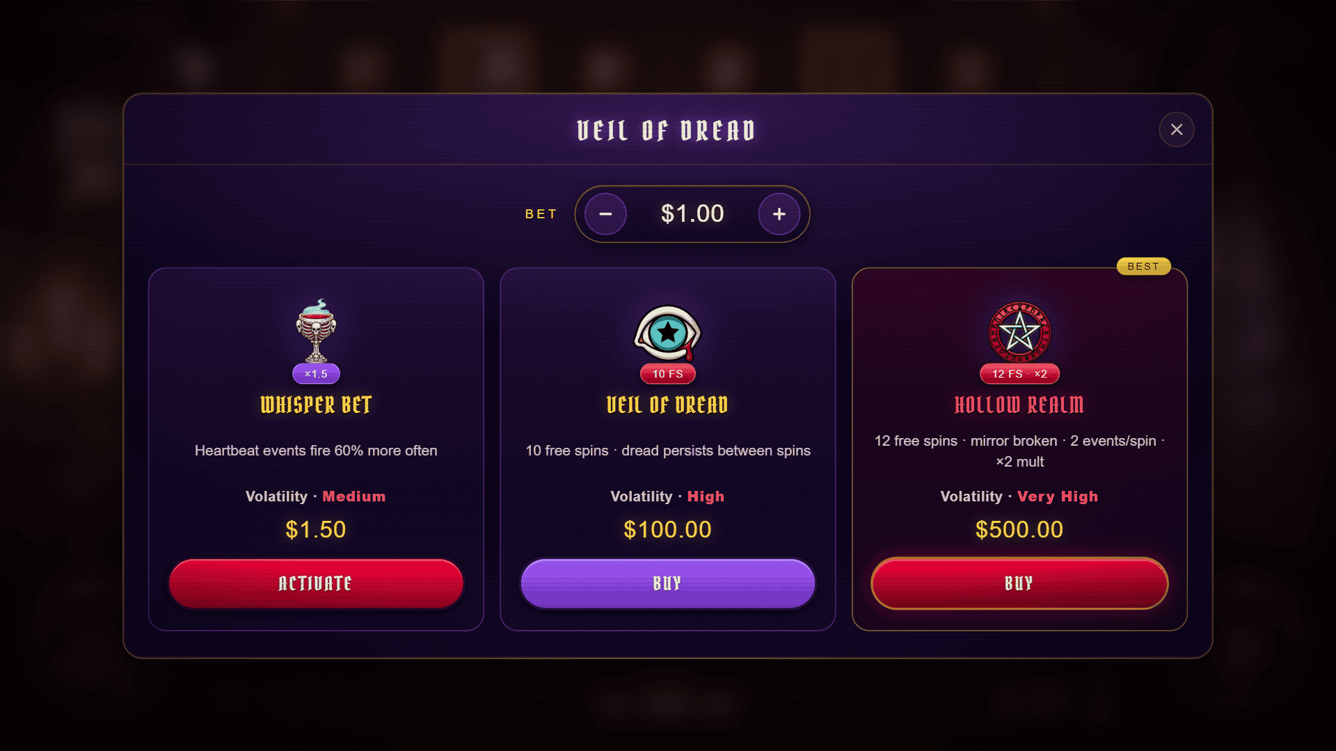 Hollow Manor bonus buy menu