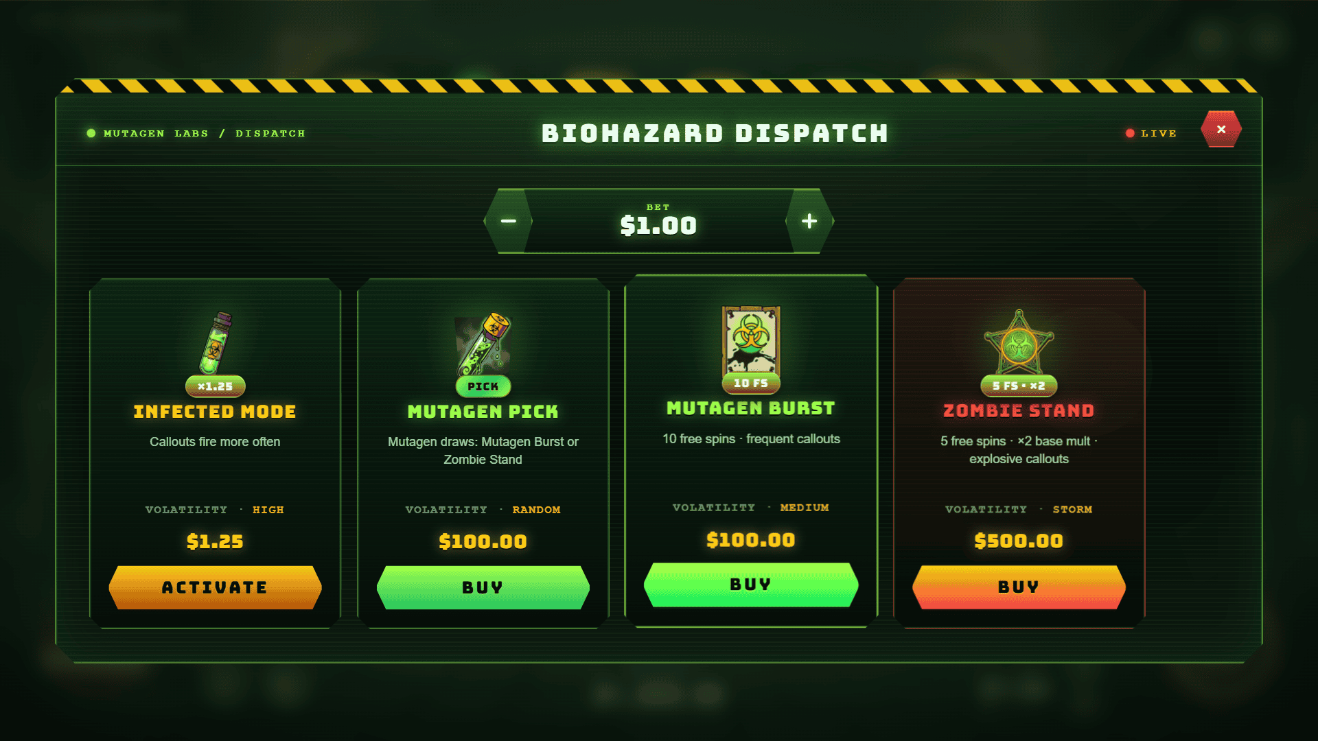 Mutagen Outlaws bonus buy menu