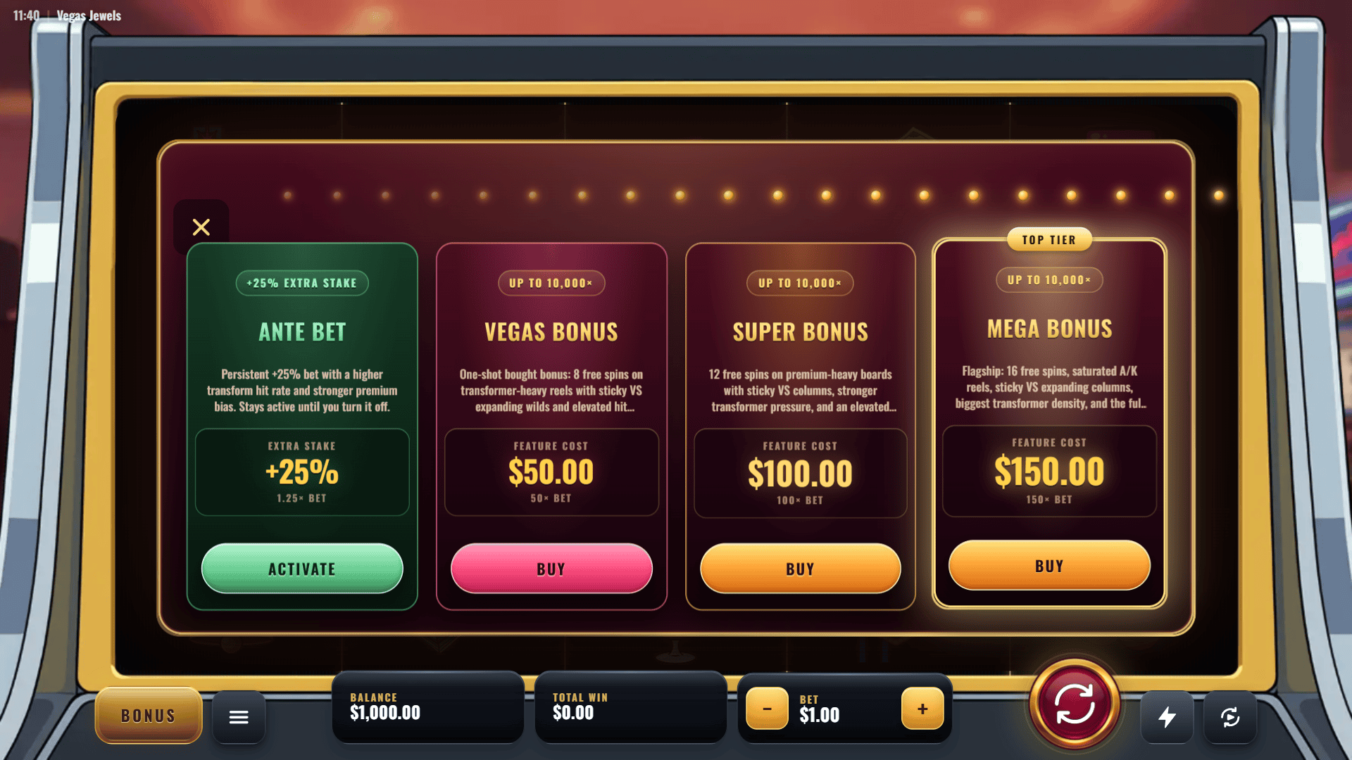 Vegas Jewels bonus buy menu