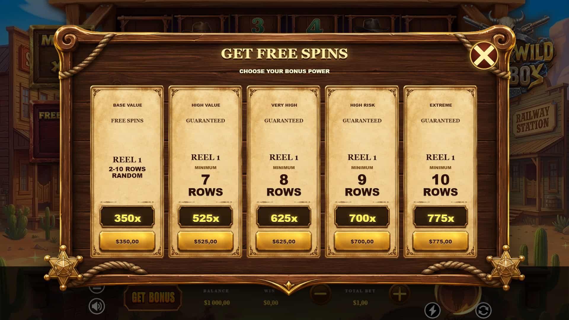 Wild Wild Cowboy 25k bonus buy menu