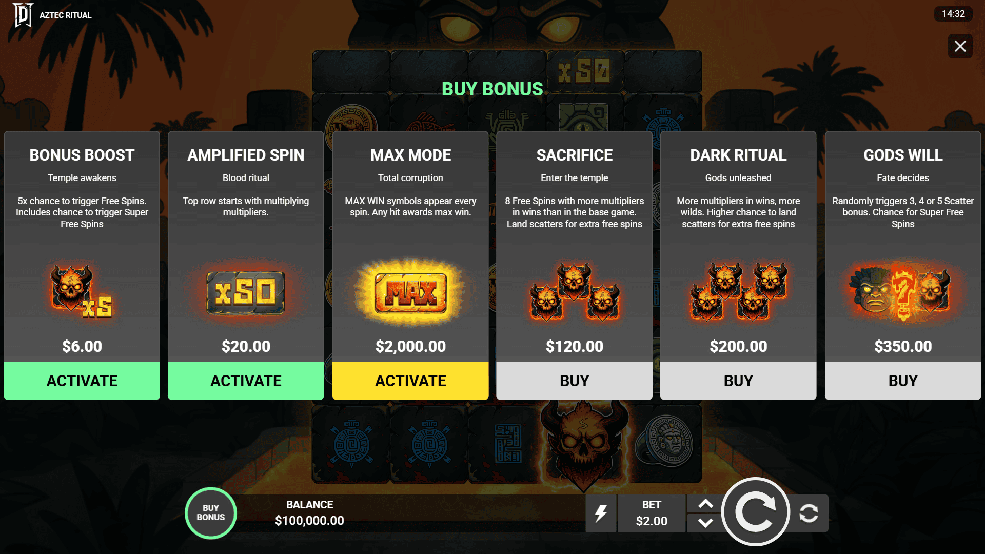 Aztec Ritual bonus buy menu