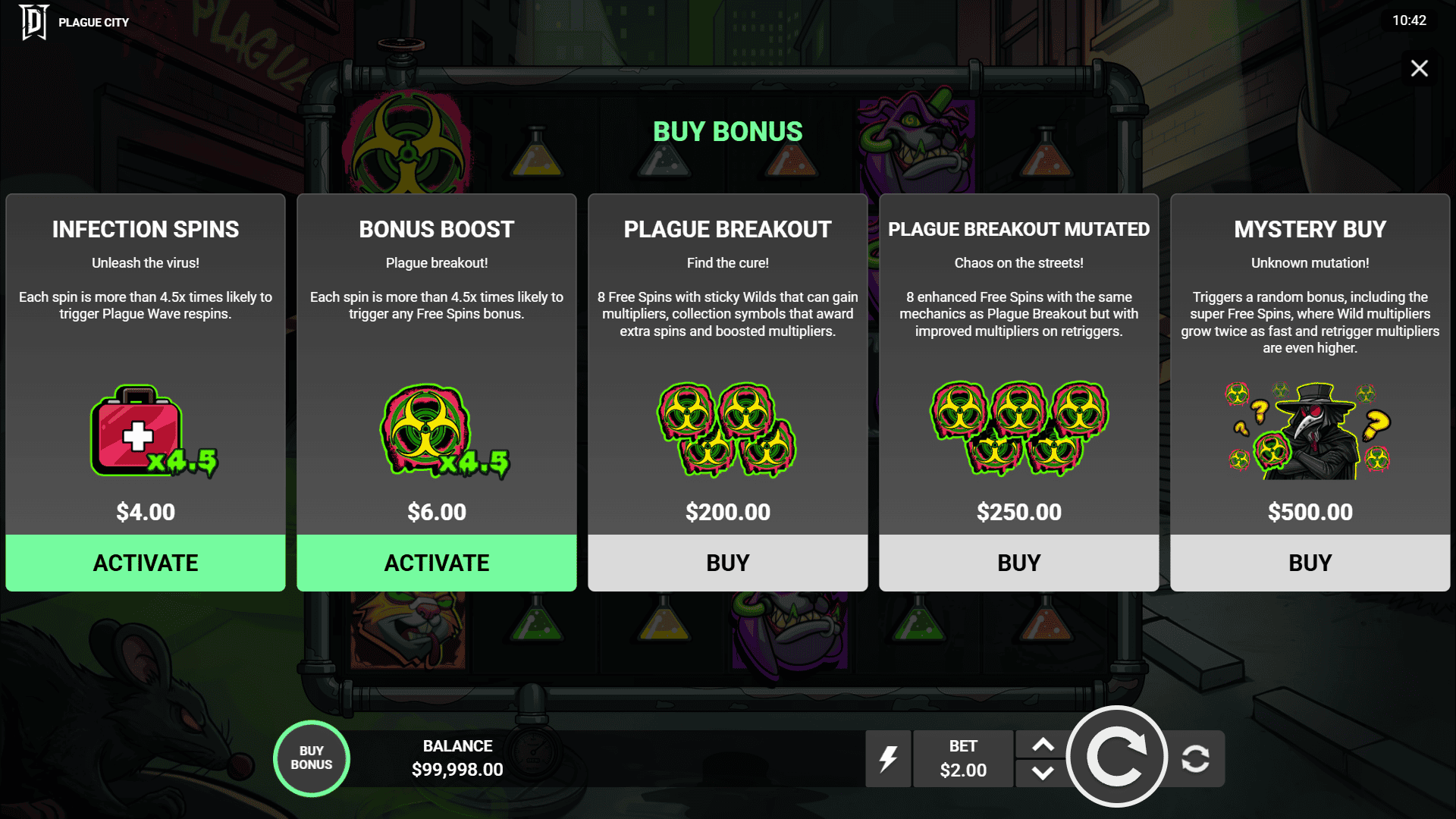 Plague City bonus buy menu