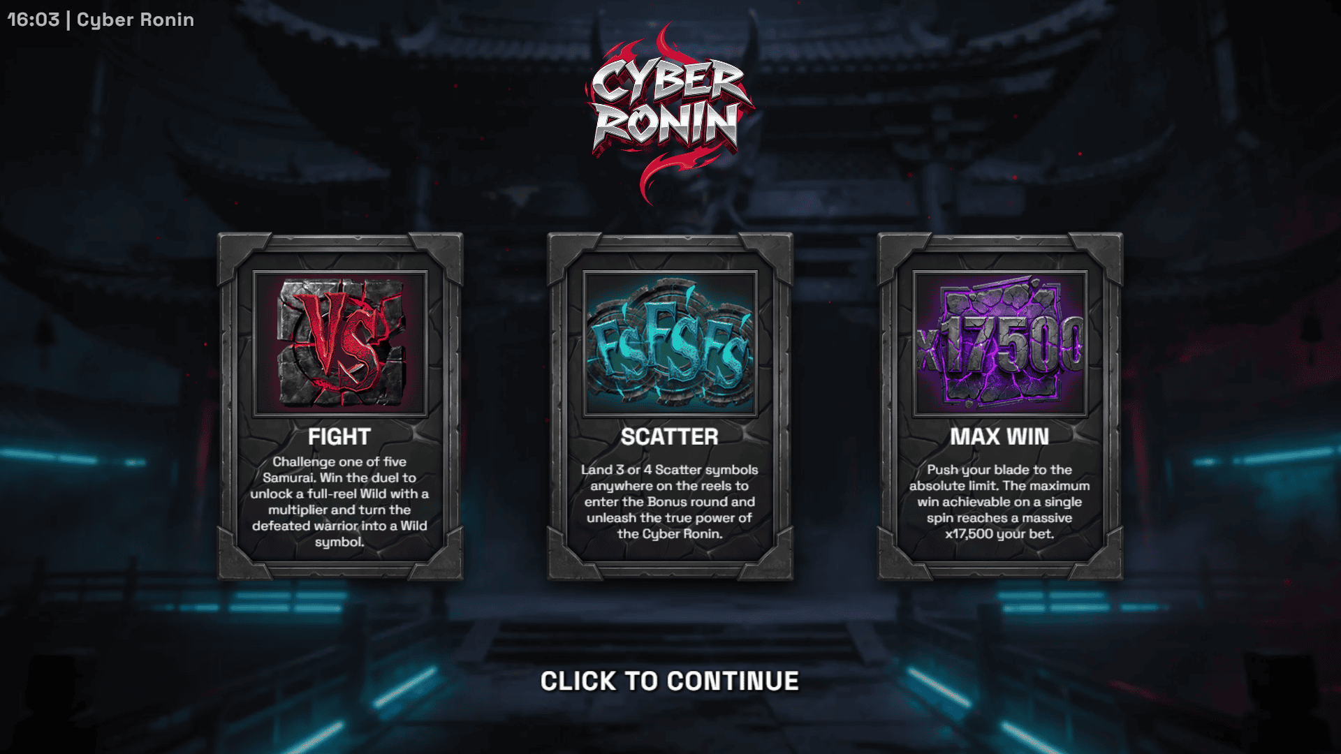 Cyber Ronin slot intro screen
