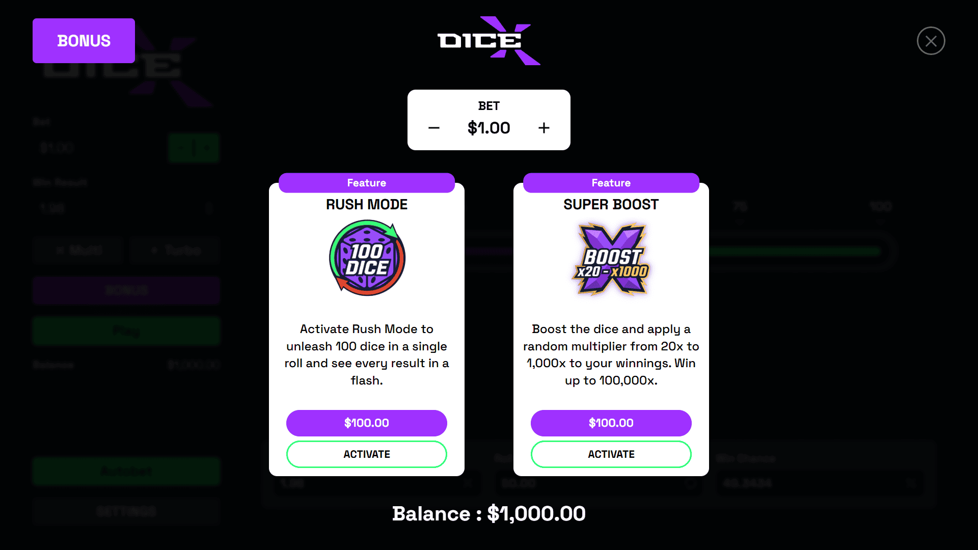 Dice Xtreme bonus buy menu