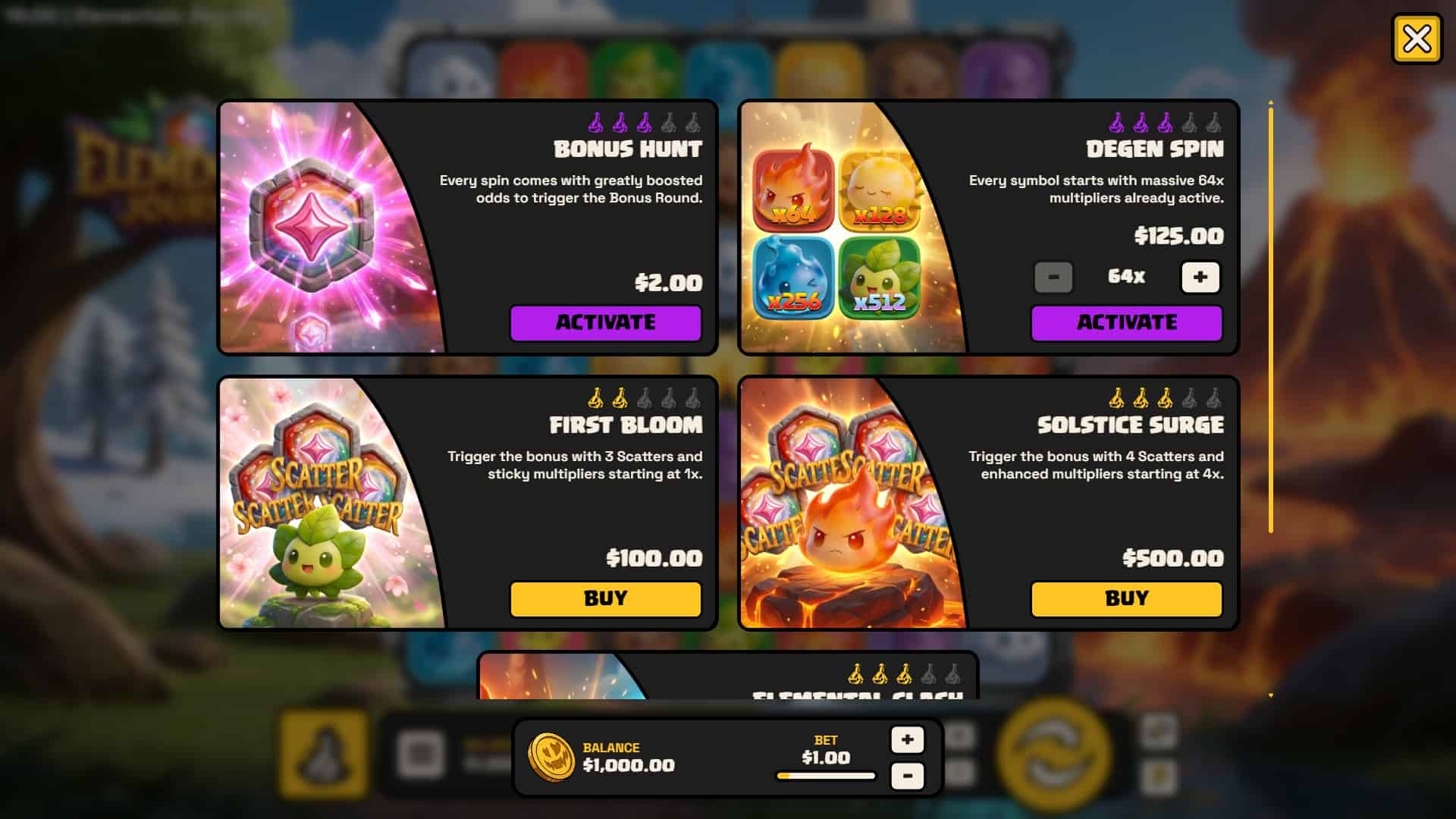 Elementals Journey bonus buy menu