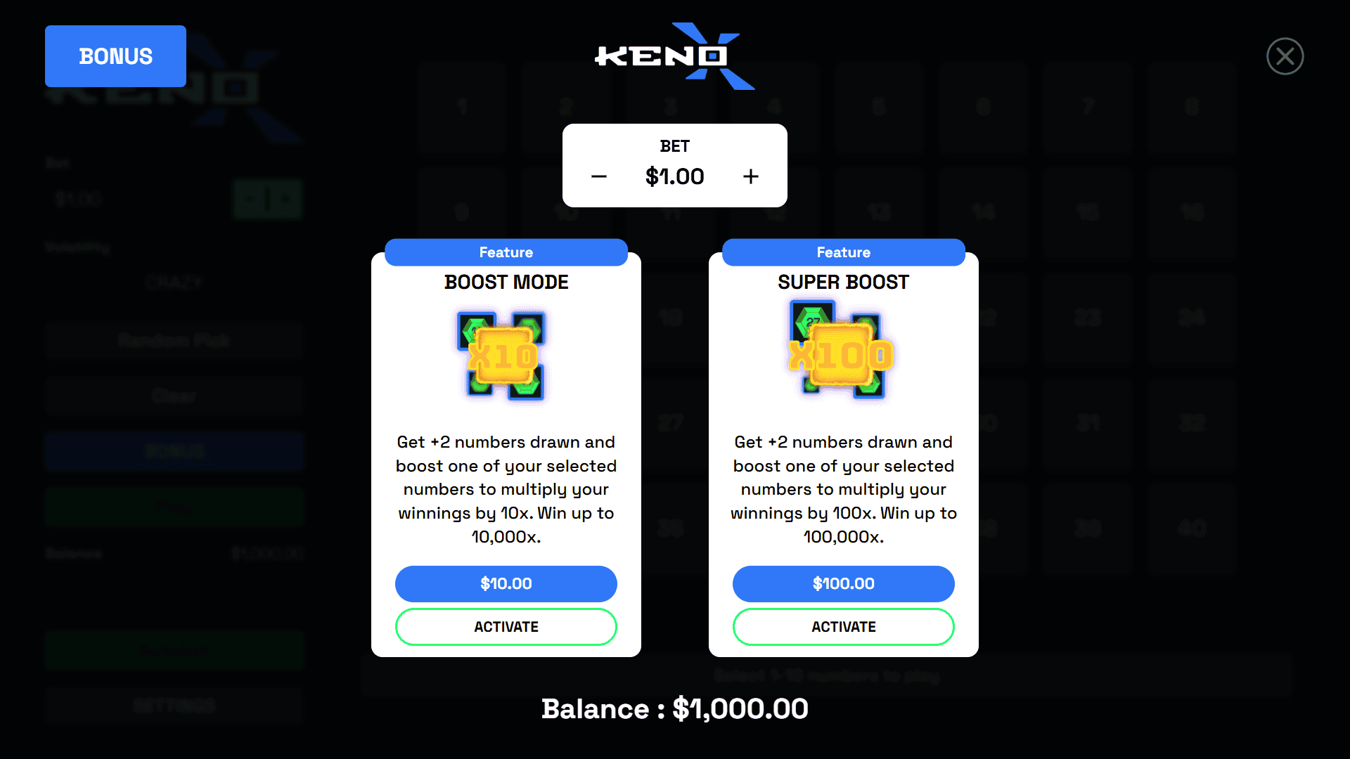 Keno Xtreme bonus buy menu