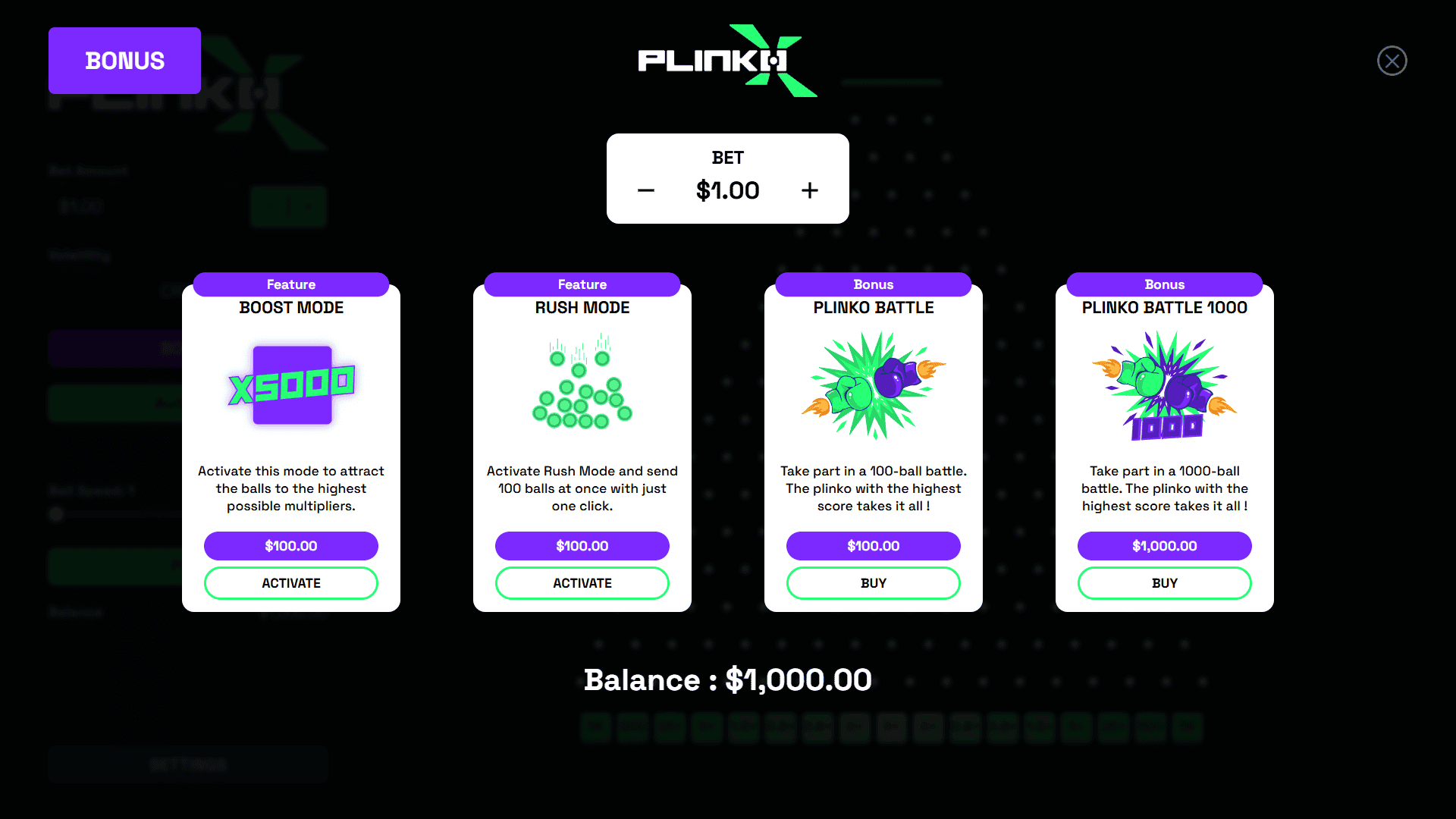 Plinko Xtreme bonus buy menu
