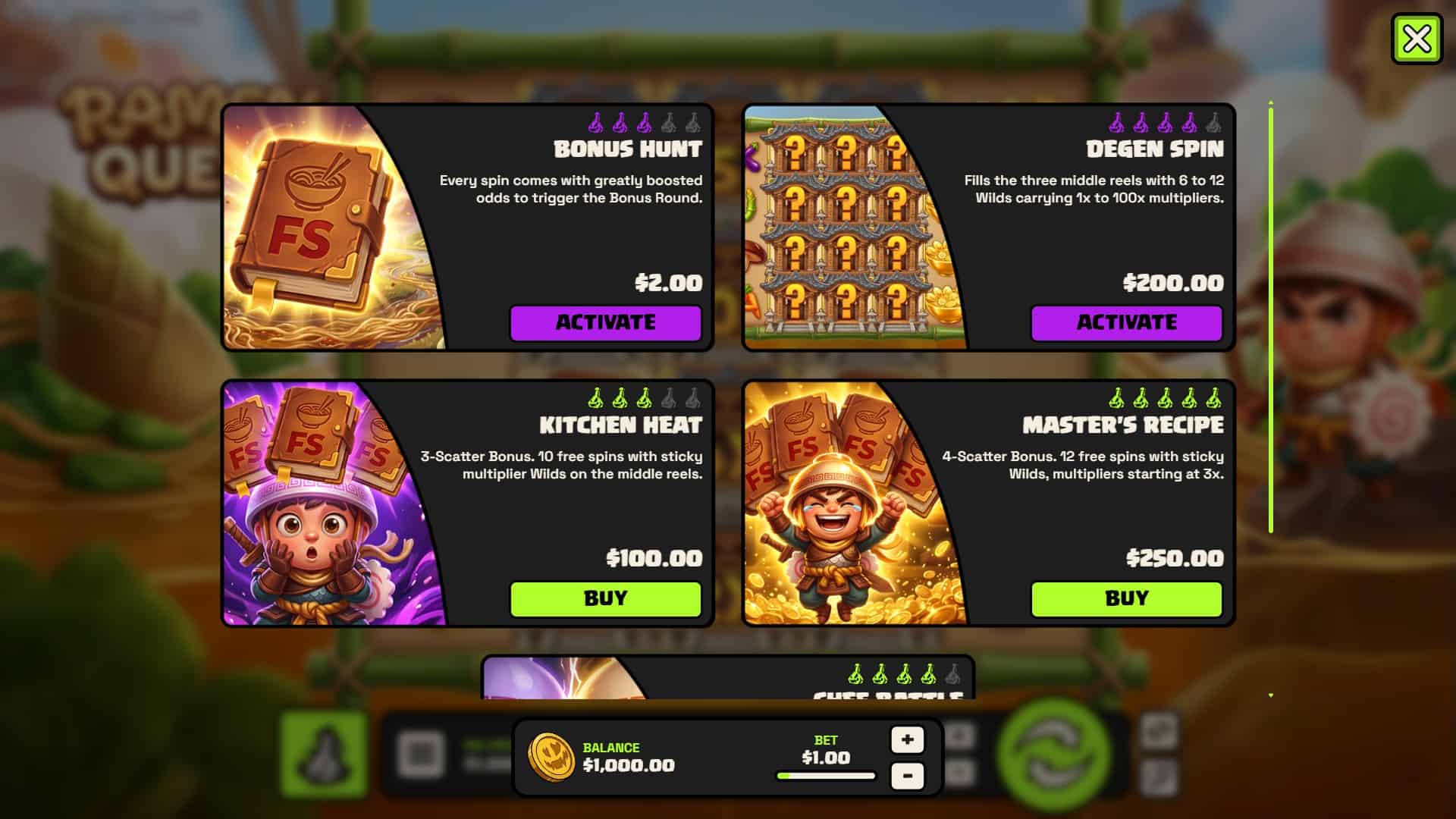 Ramen Quest bonus buy menu