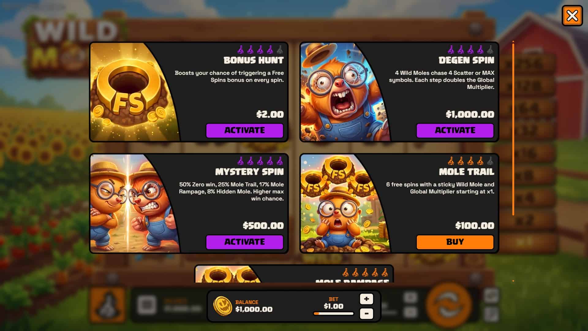 Wild Mole bonus buy menu